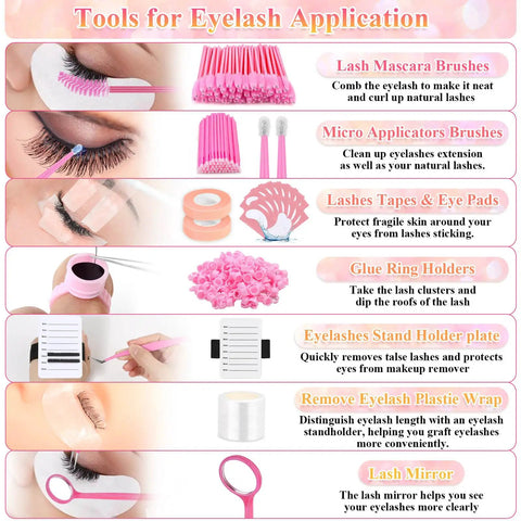 Tools for eyelash application including brushes, tapes, pads, holder, and mirror for All In One Beginner Lash Extension Practice Kit.