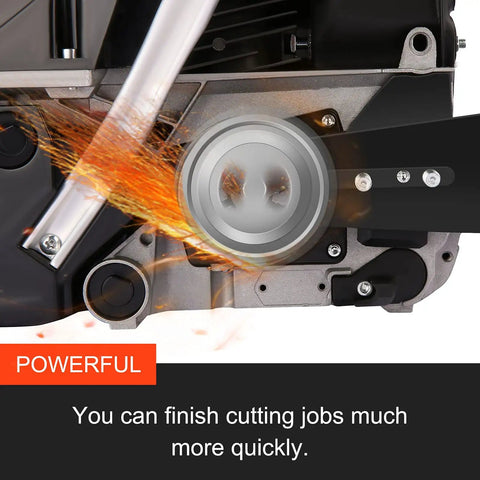 Close-up of Powerful 62cc Gas Chainsaw With 20 Inch Bar For Real Tough Jobs Like Farm Clearing And Tree Trimming engine details