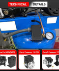 Two Stage Pressure Switch 135 175 PSI For Three Phase Air Compressor With Unloader And On And Off Control Compatible With 2340 2475 2545 7100 Series Pro installed on blue air compressor with gauge and pipes visible.