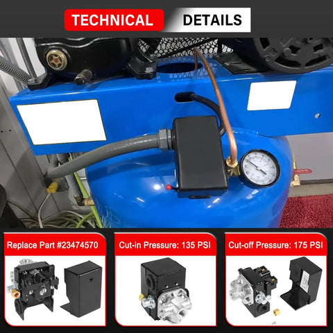 Two Stage Pressure Switch 135 175 PSI For Three Phase Air Compressor With Unloader And On And Off Control Compatible With 2340 2475 2545 7100 Series Pro installed on blue air compressor with gauge and pipes visible.