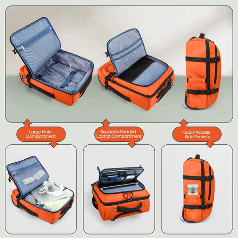 Underseat Carry On Luggage With Handle 17 Inch Travel Duffle Bag For Men And Women Orange Lightweight Durable Airplane Bag Big Capacity With Rugged Zippers For Your Go To Easy Travel, shown with compartments open