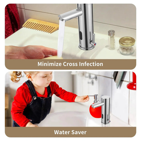 Automatic No Touch Bathroom Sink Faucet With Motion Sensor And Infrared Technology on sink, minimizes contact for hygiene.