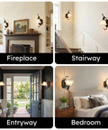 PUMING Black Wall Sconces Set of Two, Vintage Vanity Light Fixture with Flower Glass Shade installed in a stylish living room setting.