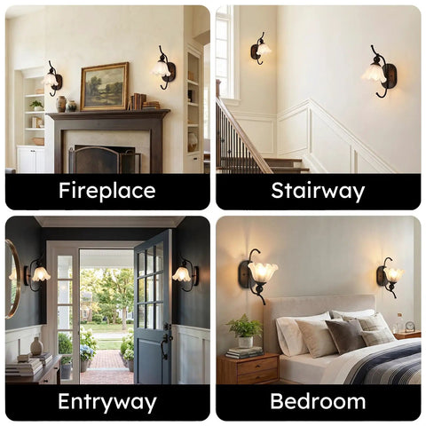 PUMING Black Wall Sconces Set of Two, Vintage Vanity Light Fixture with Flower Glass Shade installed in a stylish living room setting.