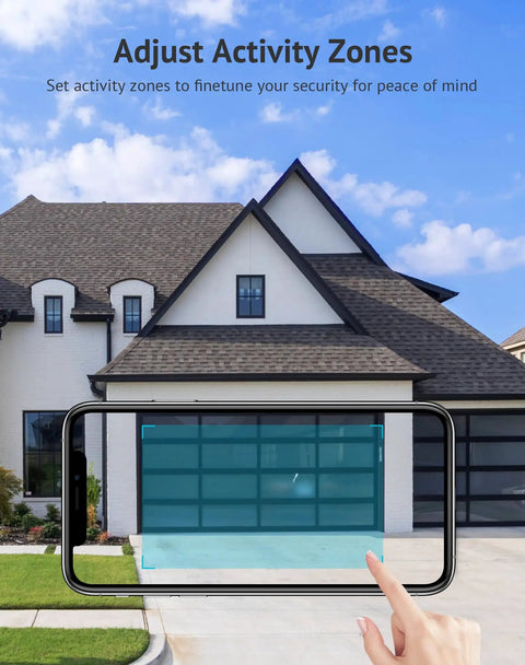 Image showing smartphone adjusting zones with 2K Outdoor Security Camera With Color Night Vision, house in background.