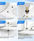 Universal Toilet Seat Bolt Kit installation guide showing copper plated screws, long lock nuts, and rubber washers for bathroom repair.