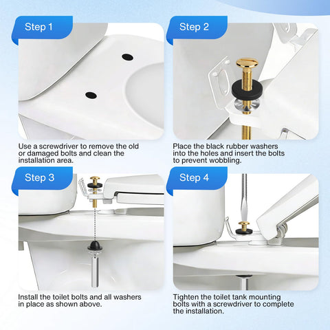 Universal Toilet Seat Bolt Kit installation guide showing copper plated screws, long lock nuts, and rubber washers for bathroom repair.