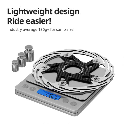 2 Pack 160mm Floating Bike Disc Brake Rotors With 6x2 Bolts, Carbon Fiber Inner Ring shown on scale
