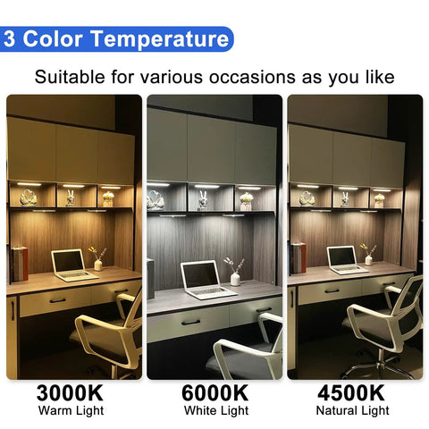 Stick On Wireless Under Cabinet Lights Anywhere With Remote Control Dimmable 20 LED Rechargeable Night Light for varying color temperatures on a desk