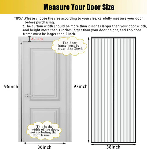 Illustration showing measurements for Heavy Duty Magnetic Screen Door For Doors Up To 36 By 80 Inches Measures 38 By 82 Inches Keeps Bugs And Mosquitoes Out For Real Easy Magnetic Seal Fits Interior And Outdoor Doors Black next to a standard door for size comparison, with measurement tips.
