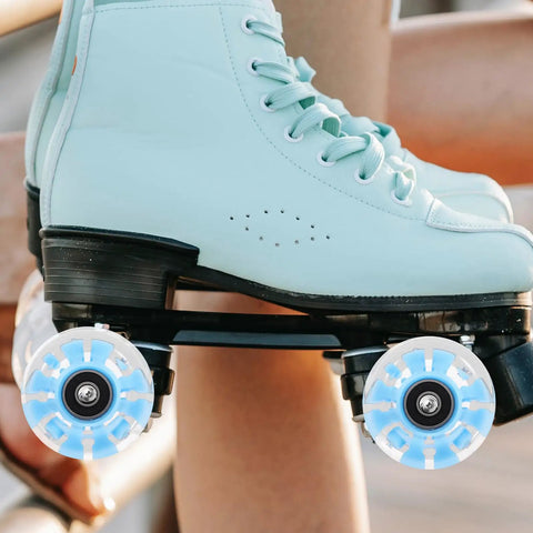 Luminous Roller Skate Wheels 4 Pack PU Light Up Quad Skates Wheels For Outdoor Skating Durable Wear Resistant Replacement Parts With Blue Glow For Adults on turquoise skates