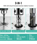 High Power 1550W Magnetic Drill Press With 1.57 Inch Maximum Bore, 210mm Stroke, 820 RPM No Load Speed, 13000N Magnetic Pull, Twist Drill Adapter, Electric Mag Drill For Steel and Heavy Duty Projects, showcasing 3-in-1 drilling functions.