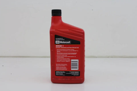 Back view of red 16 oz bottle of Mercon V Automatic Transmission Fluid And Power Steering Fluid For Ford Lincoln Mercury Vehicles.