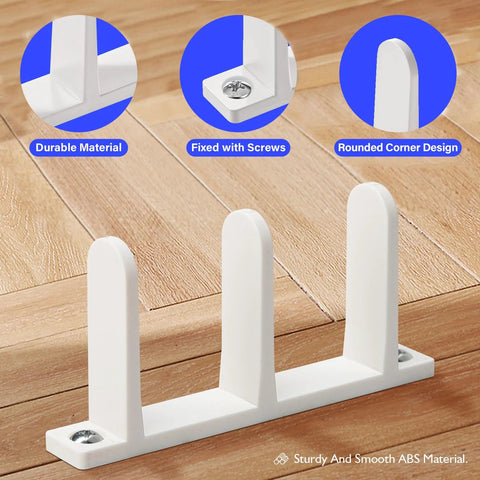 4 Pack Universal Sliding Door Bottom Guide In White ABS Floor Track For One And Three Eighths Inch Thick Closet And Cabinet Doors Includes Mounting Screws And Side Support To Keep Doors Centered And Sliding Smoothly shown installed on wooden floor with durable material and rounded corner design.