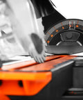 Close-up of 15 Amp 10 Inch Dual Bevel Sliding Compound Miter Saw With LED Cutline For Precise Crosscuts showing bevel gauge.