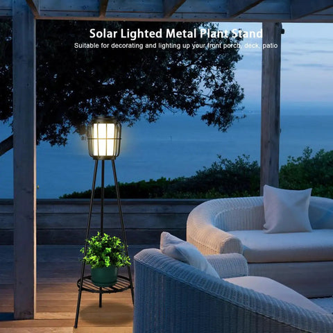 2 Pack Solar Floor Lamps With Plant Stands For Outdoors, Waterproof Solar Powered Garden Lights on patio at dusk