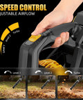 Hand adjusting speed on 600 CFM Cordless Leaf Blower With 150 MPH Air 3 Speed Turbo Handheld Yard Blower Bare Tool