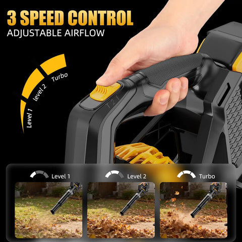 Hand adjusting speed on 600 CFM Cordless Leaf Blower With 150 MPH Air 3 Speed Turbo Handheld Yard Blower Bare Tool