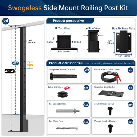 Slick Black Swageless Cable Railing Kit For Decks And Patios T316 Stainless Steel Side Mount Level Posts 42 inch with accessories.