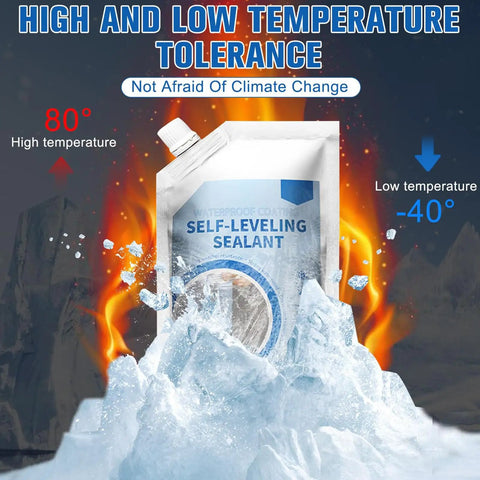 Image of a Self-Leveling Sealant pouch in ice and flame, showing high and low temperature tolerance.