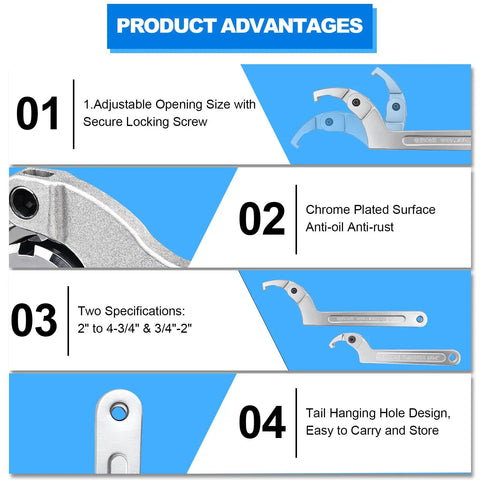 Product advantages of Heavy Duty Adjustable C Spanner Wrench Set in Chrome Vanadium, showing adjustable size, chrome finish, and hanging hole.