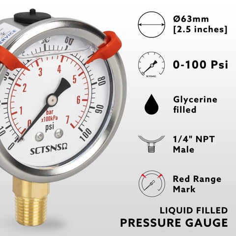 Front view of SCTSNSR glycerin-filled pressure gauge, 2.5 in dial, 0-100 psi, stainless steel, 1/4 in NPT lower mount