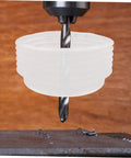3 Pack Hole Saw Dust Collector Shields Clear Bubble Dome For Ceiling Drilling installed on drill, capturing metal shavings.