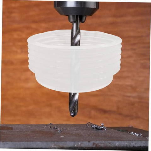 3 Pack Hole Saw Dust Collector Shields Clear Bubble Dome For Ceiling Drilling installed on drill, capturing metal shavings.
