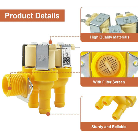 Washer Water Valve Replacement With 3 Solenoid Coils For Speed Queen Huebsch Unimac Models AP4526717 Compatible Rugged Fit And Easy Install F8286401P Part Replacement For Reliable Wash Cycles, yellow metal valve with filter screen