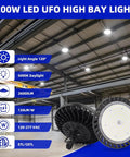 200W UFO LED High Bay Light 5000K With US Plug, 26,000 Lumens, IP65 Wet Location Warehouse Fixture, 100-277V, 120 Degree