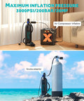 Air compressor inflating 1.9L Mini Scuba Tank Portable Lung Tank For Adult Divers 3000PSI, beach scene with scuba adapter connection