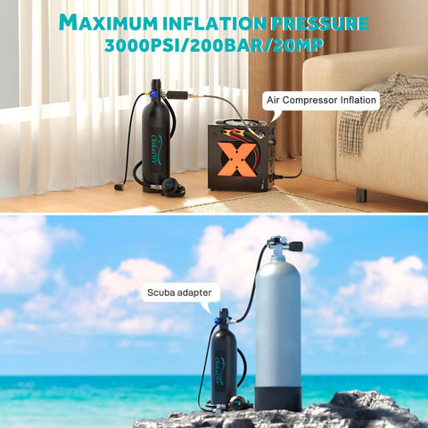 Air compressor inflating 1.9L Mini Scuba Tank Portable Lung Tank For Adult Divers 3000PSI, beach scene with scuba adapter connection