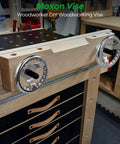No Sweat Quick Action Acme Thread Vise Hardware Kit Built For Lightning Fast Woodworking Bench Clamping and Killer Grip Control That Delivers Smooth Operation Every Time on a workbench showing chrome rims and Acme screws.