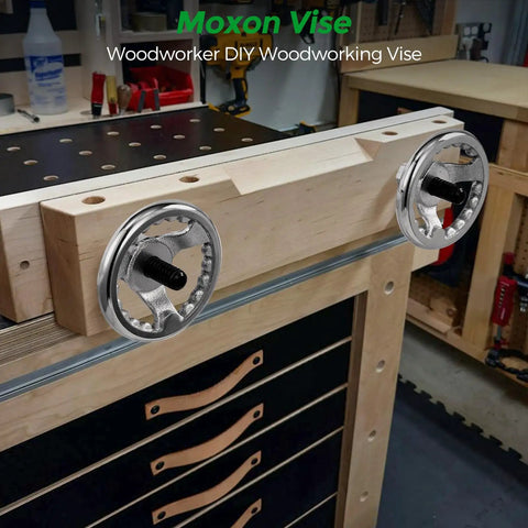 No Sweat Quick Action Acme Thread Vise Hardware Kit Built For Lightning Fast Woodworking Bench Clamping and Killer Grip Control That Delivers Smooth Operation Every Time on a workbench showing chrome rims and Acme screws.