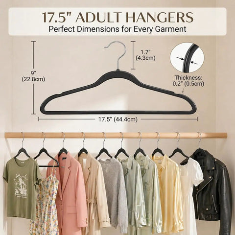 Plastic Hangers 50 Pack Heavy Duty Non Velvet Slim Hangers with 360 Degree Swivel Hook in use with hanging clothes