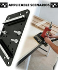 Heavy Duty Precision Workbench Plate Kit with powder coated steel frame on desk, man using press machine, tool-free installation.