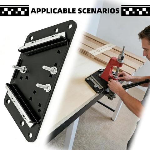 Heavy Duty Precision Workbench Plate Kit with powder coated steel frame on desk, man using press machine, tool-free installation.