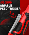 Electric Ratchet Wrench Set with 16.8V Cordless Power, variable speed trigger showing 0-550 RPM range and control switch