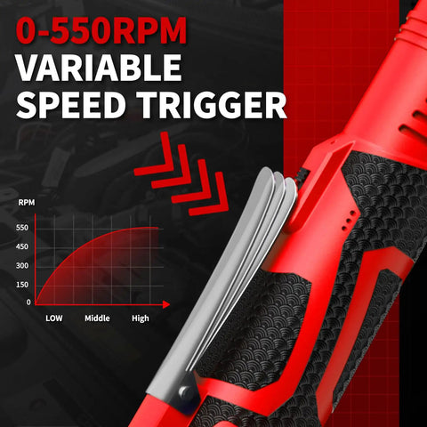 Electric Ratchet Wrench Set with 16.8V Cordless Power, variable speed trigger showing 0-550 RPM range and control switch