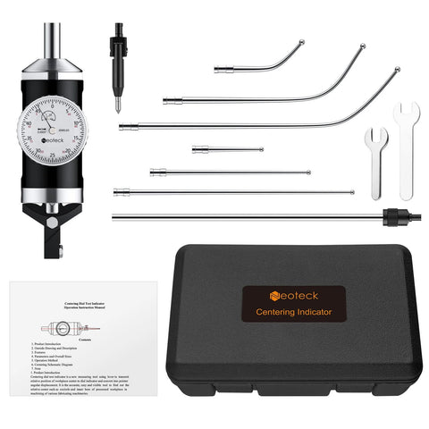 Neoteck centering indicator kit with dial gauge (0–0.15 in), assorted stainless rods, wrenches, and storage case.