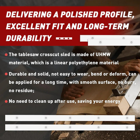 Table Saw Sled Made From Durable UHMW Plastic With Ultra Smooth Glide Pre Drilled Holes And Screws Included Measuring Three Quarters Inch By Three Eighths Inch By Seventeen Inches Ideal For U Tracks Miter Slots Router Tables And Bandsaws Four Bars in use