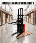 No Sweat Full Electric Pallet Stacker With 118 Inch Lift Height And 3300 Lb Capacity in warehouse showing flexible maneuverability.