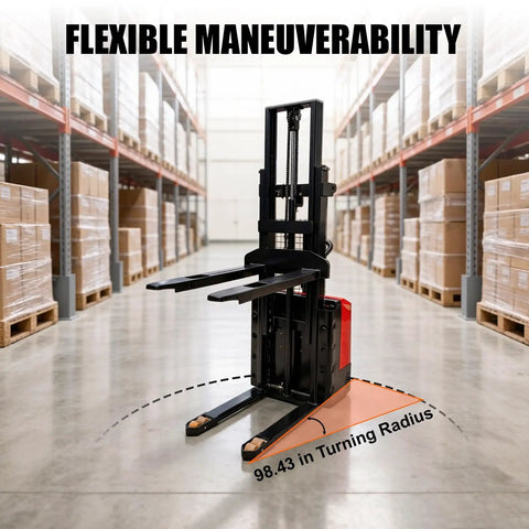 No Sweat Full Electric Pallet Stacker With 118 Inch Lift Height And 3300 Lb Capacity in warehouse showing flexible maneuverability.