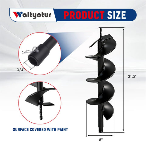 Earth Auger Drill Bit 8 Inch Diameter By 31 Inch Length Spiral Garden Hole Digger with 3/4 Inch Shaft, steel construction