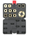 Heavy Duty Brass Router Template Guide Set With Lock Nut Adapters And Pro Woodworking Bushings in black case with brass components.