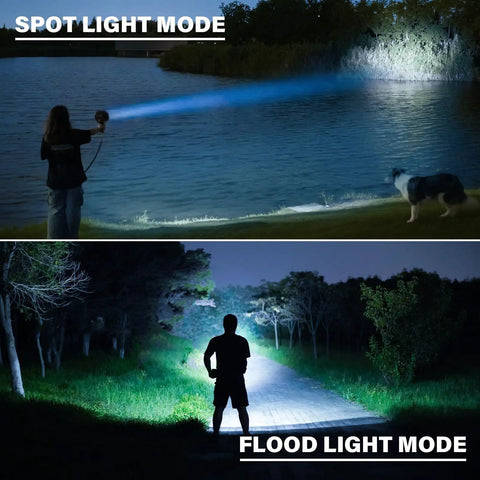 TacticPro 2000 Lumen HID Spotlight Floodlight used at night near lake and forest, highlighting spot and flood light modes