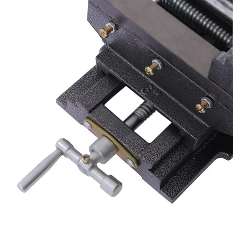 Heavy Duty 6 Inch Cross Slide Vise With X Y Table Mount For Drill Press And Metal Milling Applications Featuring Rock Solid Steel Jaws, close-up of clamp mechanism.