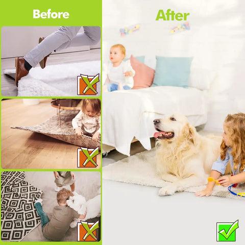 Before and after effects of using 12 Pack Non Slip Rug Grippers For Hardwood Floors Tile Concrete And Marble Triangle Shape For Secure Rugs.