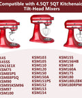 Three red KitchenAid mixers with various attachments, compatible with 4.5Qt and 5Qt models, listed model numbers below.