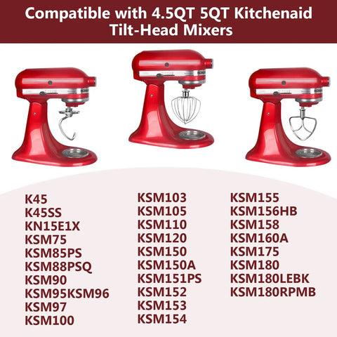 Three red KitchenAid mixers with various attachments, compatible with 4.5Qt and 5Qt models, listed model numbers below.